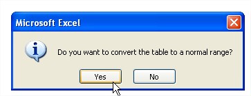 Excel tables convert the table to a normal range